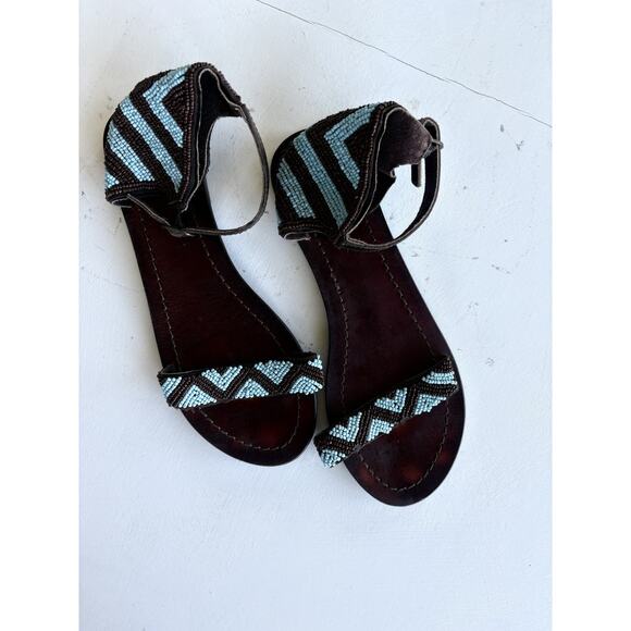 sz 8 Womens Sandals Turquoise Brown Beaded Leather Ankle Strap By Roper - Picture 2 of 5